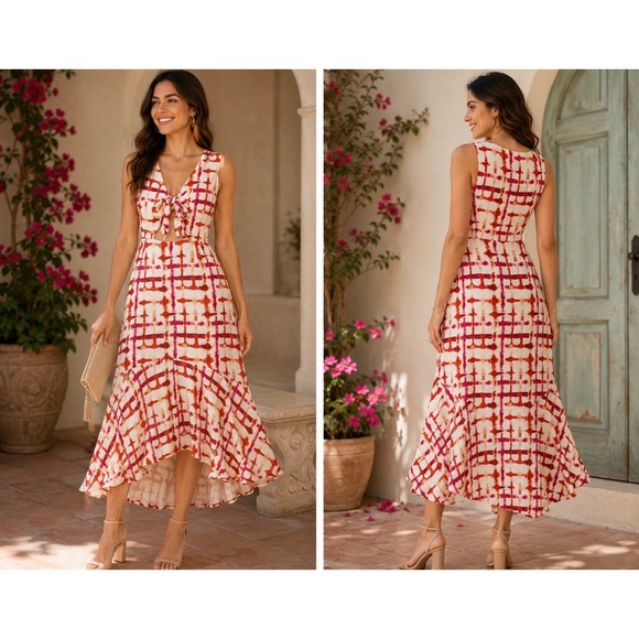 Leyden Dresses & Skirts - Leyden Womens Tie Dye Grid Tie Front High Low Midi Dress Red Orange Large NEW